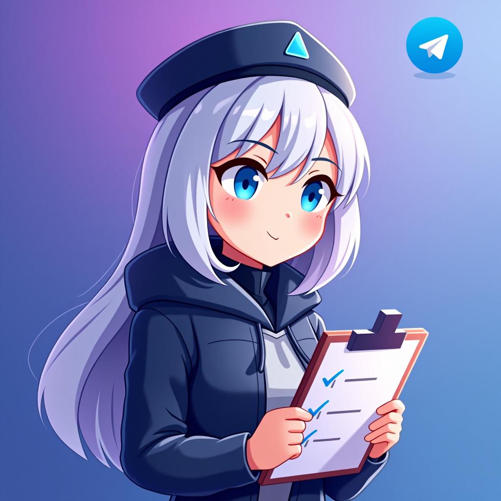  good quality, high quality, a profile picture for a telegram group management bot featuring emilia from re:zero. emilia is depicted with her silver hair and blue eyes, with hat, holding a stylized clipboard with a checklist. the background is a soft gradient of telegram logo purple and blue, symbolizing efficiency and organization. the telegram iconic logo is subtly integrated into the background, starting small near emilia and gradually growing in size and brightness as it moves outward, blending smoothly with the gradient colors.