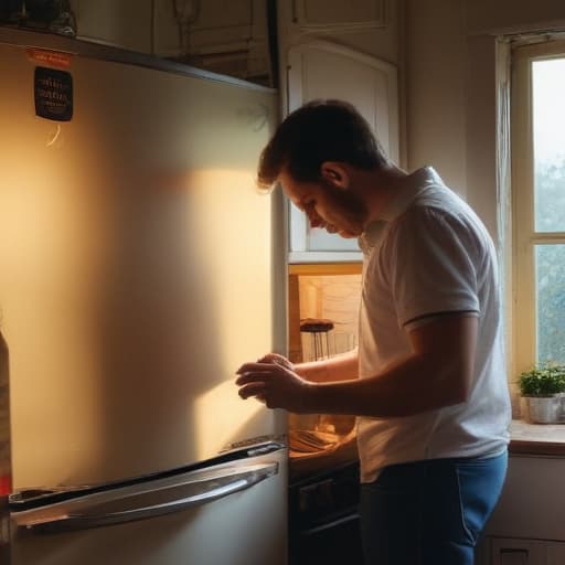 A photo of a skilled technician repairing a vintage refrigerator in a cozy and dimly lit kitchen during the late afternoon.