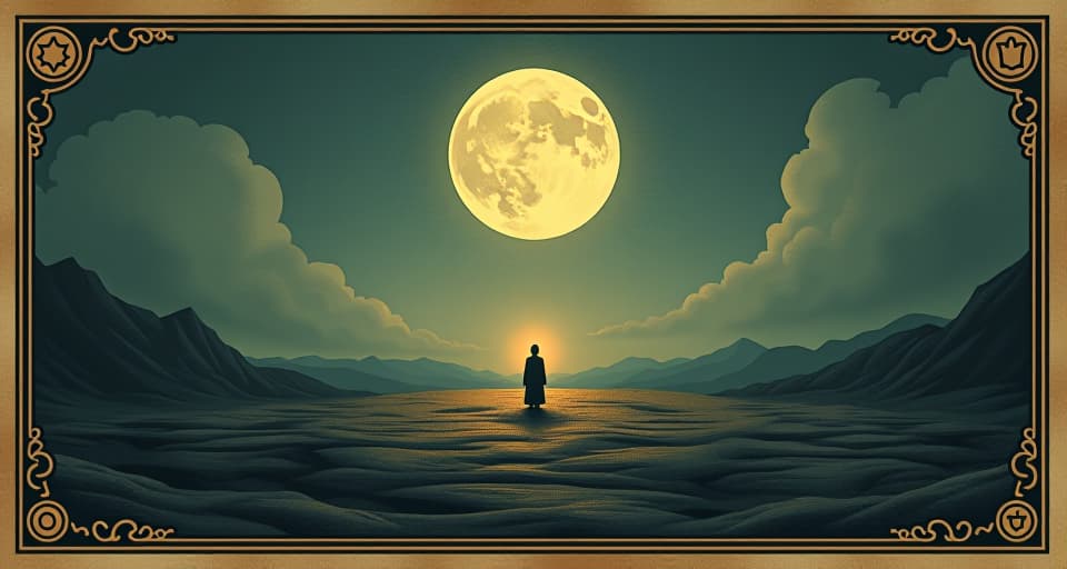  a vast landscape with a tiny, glowing figure standing at its center, insignificance of distractions, focus, purpose. an illustration in the style of a worn, mystical old tarot trump card, mysterious and elements of surrealism. the colors are muted, somber and eerie, but with contrast bring out an occult and esoteric vibe.