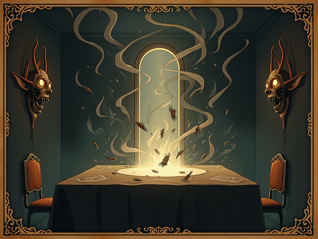  a dark room with a glowing portal opening on a table, chaotic energy swirling around, demonic faces emerging from the portal, ominous energy, menacing atmosphere. an illustration in the style of a worn, mystical old tarot trump card, mysterious and elements of surrealism. the colors are muted, somber and eerie, but with contrast bring out an occult and esoteric vibe.