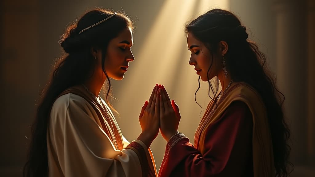  history of biblical times, a moment of prayer, depicting naomi encouraging ruth to stay faithful to god, as they reflect together in a moment of spiritual connection. hyperrealistic, full body, detailed clothing, highly detailed, cinematic lighting, stunningly beautiful, intricate, sharp focus, f/1. 8, 85mm, (centered image composition), (professionally color graded), ((bright soft diffused light)), volumetric fog, trending on instagram, trending on tumblr, HDR 4K, 8K