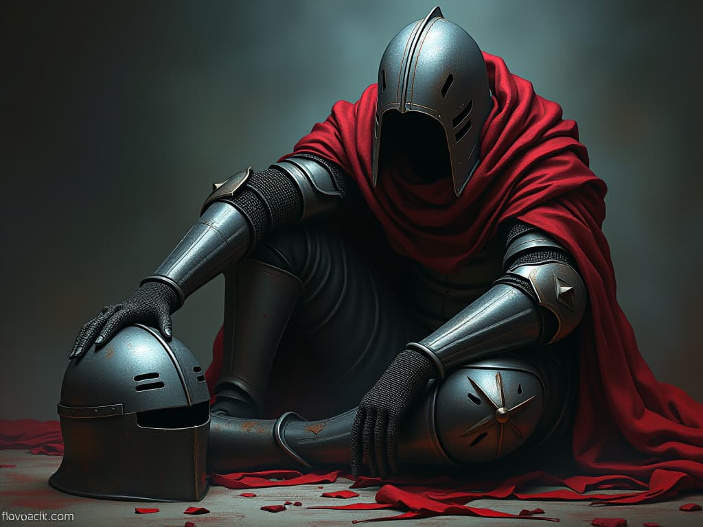  a fallen knight in tarnished armor, helmet removed, weary expression, sense of defeat.. the style is dark fantasy and mysterious occult, symbolic, moody lighting, esoteric vibe,high detail on character design. for the color scheme emphasize blacks and reds.