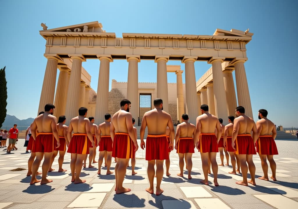  sumo athletes visiting parthenon, acropolis during a hot summer day.