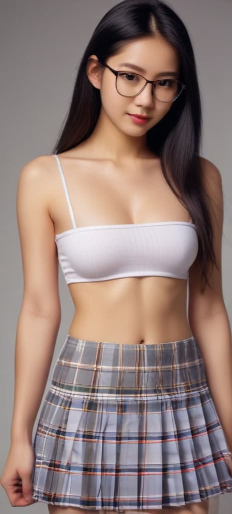 extremely thin topless asian nerdy gamer young woman pulling her white top down to expose her breasts while wearing a short plaid pleated skirt