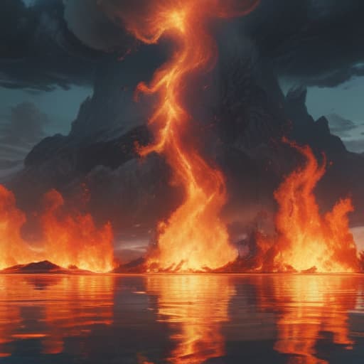 Fire physically on the water with land and sky behind in Mythological style