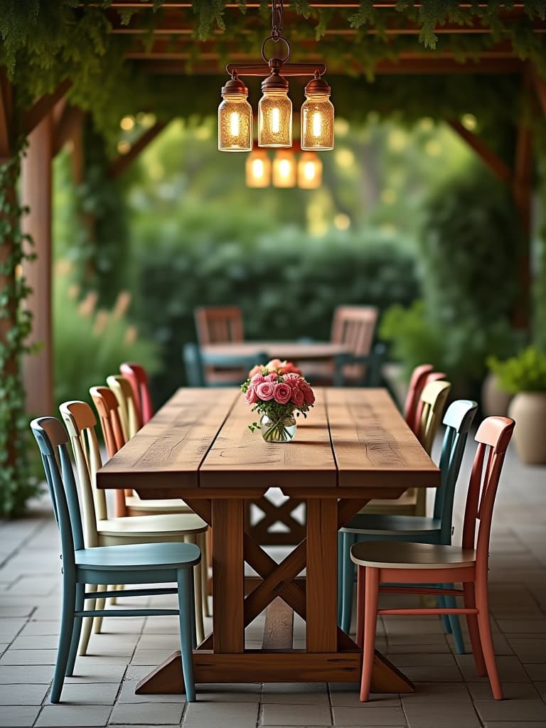  high quality portrait photo of an outdoor dining area featuring a large table made from reclaimed barn wood, mismatched vintage chairs painted in pastel colors, and mason jar lanterns hanging from a pergola hyperrealistic, full body, detailed clothing, highly detailed, cinematic lighting, stunningly beautiful, intricate, sharp focus, f/1. 8, 85mm, (centered image composition), (professionally color graded), ((bright soft diffused light)), volumetric fog, trending on instagram, trending on tumblr, HDR 4K, 8K