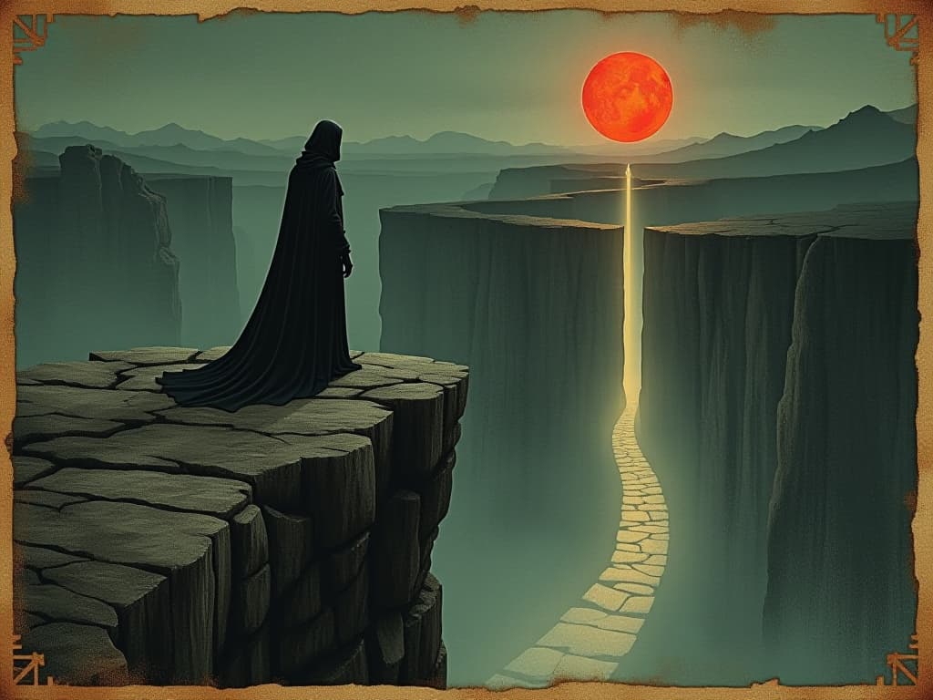  figure at the edge of a precipice, illuminated path diverging, protective glow, contemplative, secure. an illustration in the style of a worn, mystical old tarot trump card, mysterious and elements of surrealism. the colors are muted, somber and eerie, but with contrast bring out an occult and esoteric vibe.