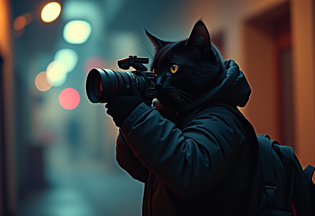  a black cat spy with a video camera shoots a story, a comic style, a vector, a bottom word, "you're filming, smile." hyperrealistic, full body, detailed clothing, highly detailed, cinematic lighting, stunningly beautiful, intricate, sharp focus, f/1. 8, 85mm, (centered image composition), (professionally color graded), ((bright soft diffused light)), volumetric fog, trending on instagram, trending on tumblr, HDR 4K, 8K