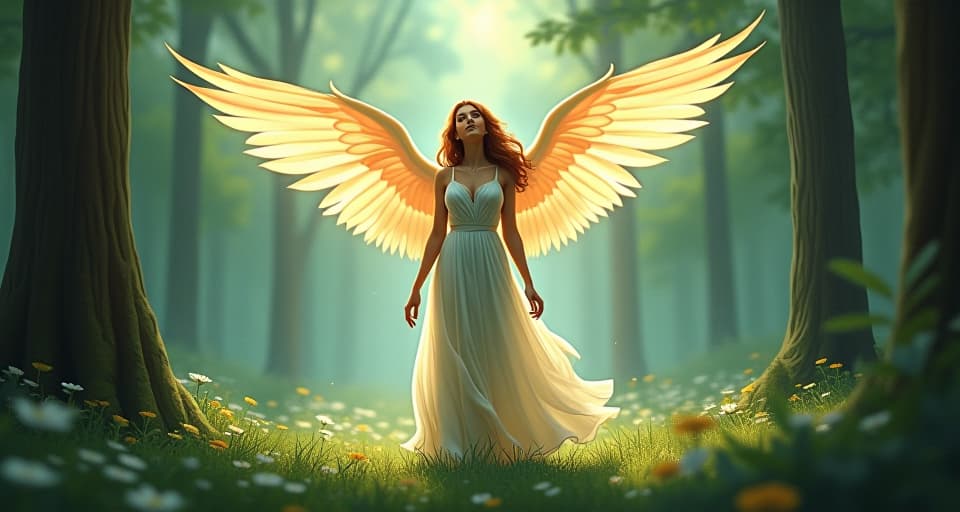  an ethereal maiden with wings, suddenly enlightened, standing in a magical glade. the air is filled with a sense of natural revelation, as though a hidden language has been discovered.. the style is digital art illustration,highly detailed, whimsical,magical, dreamlike atmosphere, realism and fantasy blend, smooth, glossy textures,luminous quality, wonder and enchantment.