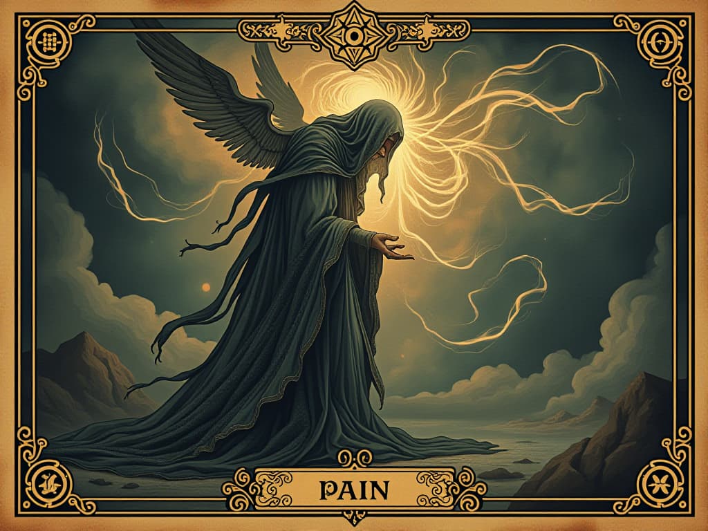  alchemical symbols and a figure undergoing transformation, swirling energies and light, conveying pain as a catalyst, mystical, transformative, enlightening. an illustration in the style of a worn, mystical old tarot trump card, mysterious and elements of surrealism. the colors are muted, somber and eerie, but with contrast bring out an occult and esoteric vibe.