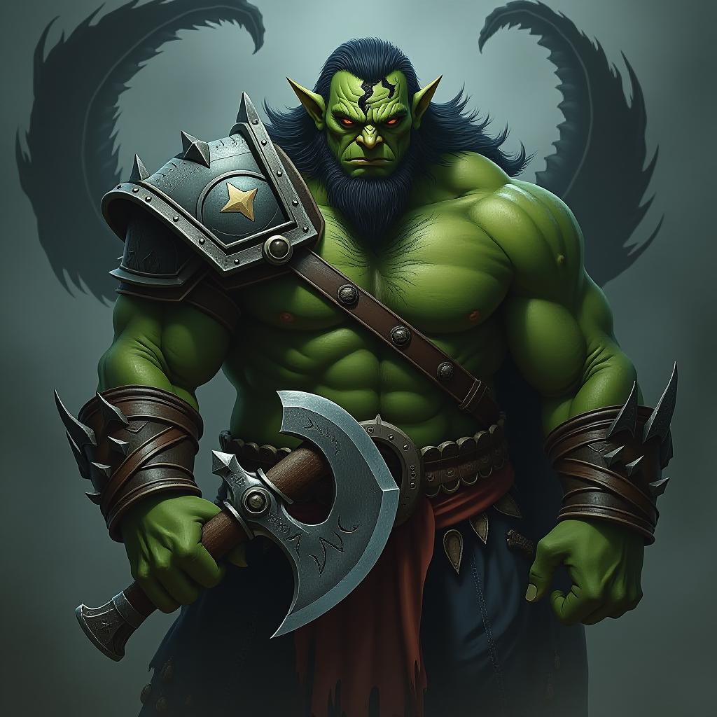  hyperrealistic art a large green orc in armour with a black tattoo over his eye, a large axe in his hands, swirls of black necrotic energy behind him . extremely high resolution details, photographic, realism pushed to extreme, fine texture, incredibly lifelike