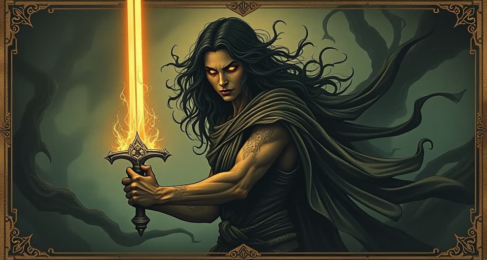  a figure with glowing eyes, holding a shining sword of light, cutting through dark tendrils of shadow, determined stance, atmosphere of empowerment and divine resolve. an illustration in the style of a worn, mystical old tarot trump card, mysterious and elements of surrealism. the colors are muted, somber and eerie, but with contrast bring out an occult and esoteric vibe.