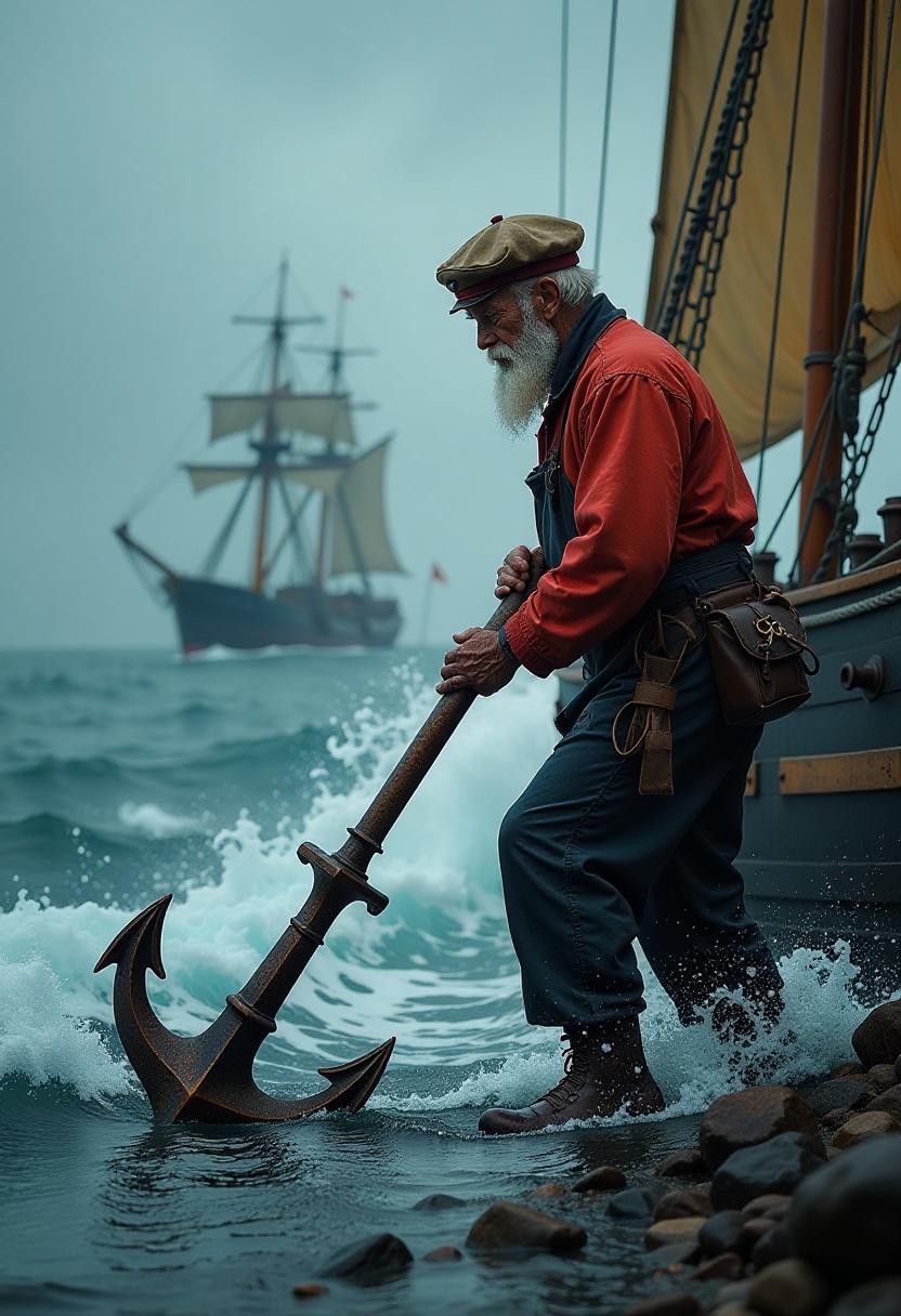  hdr photo of old sailor dragging anchor, sea, ship, storm . high dynamic range, vivid, rich details, clear shadows and highlights, realistic, intense, enhanced contrast, highly detailed