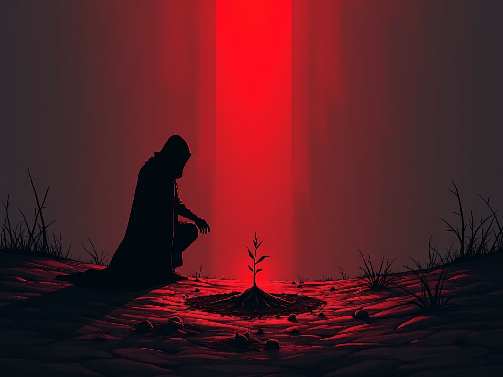  figure in red, planting seeds in a barren land, new growth starting to appear, aura of trying to right wrongs. the style is digital art illustration / modern comic book / graphic dark novel fantasy and mysterious occult, symbolic, moody lighting, esoteric vibe,high detail on character design. for the color scheme emphasize blacks and reds.