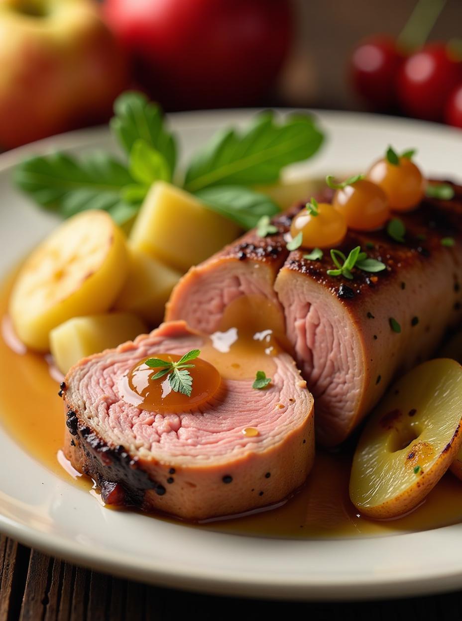  pork tenderloin with apple chutney and roasted potato, high quality, high details, hd, perfect composition, 4k epic detailed, highly detailed, sharp focus, high resolution