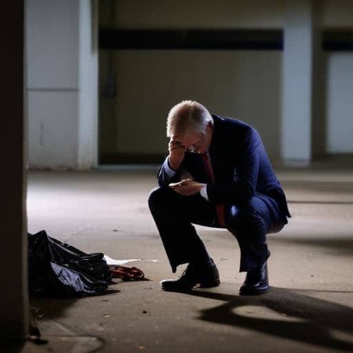 A photo of a car accident attorney examining evidence in a dimly lit parking garage during late evening with dramatic spotlighting casting eerie shadows.