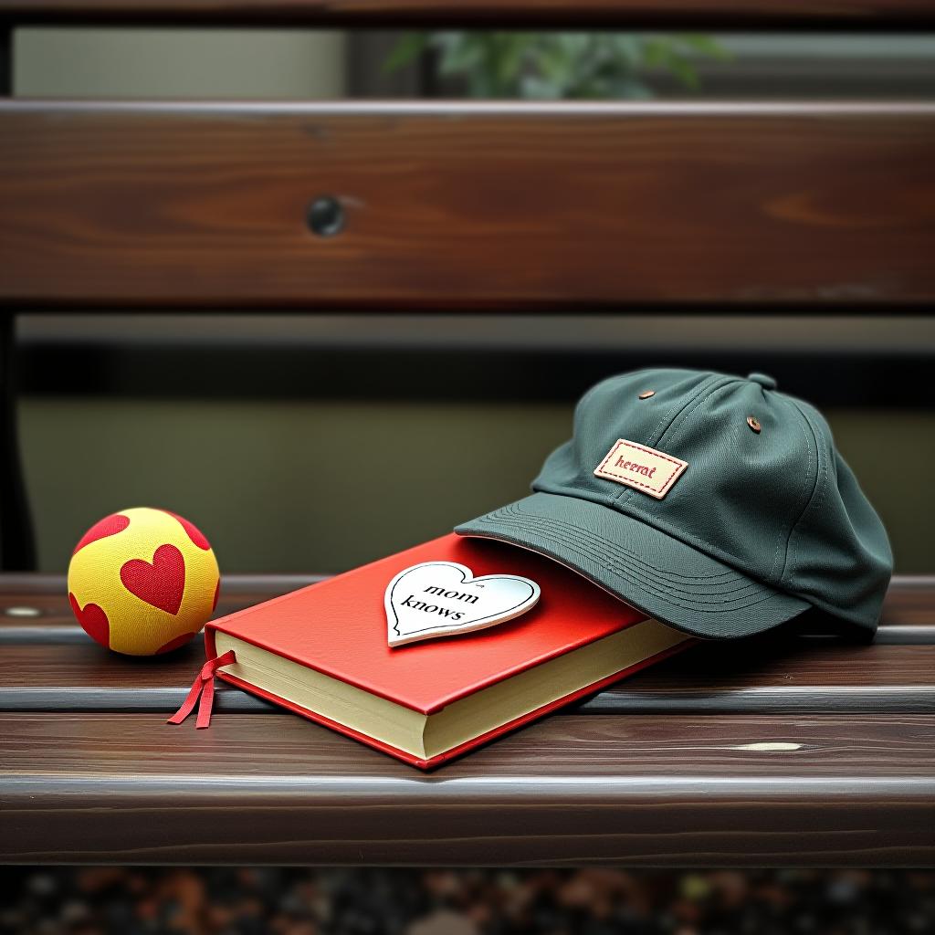  toy, cap, diary, ball. heart ♥️ with the caption "mom knows." forgotten items in the children's club, lying on the bench.