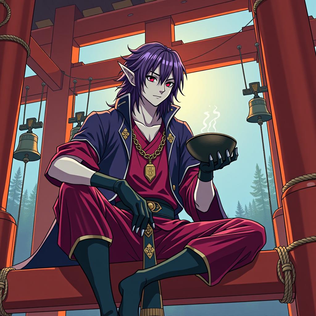  manga style ringo sits on the upper beam of the high red gate theories on which thin ropes hang bells in front of the shinto temple in his left hand at ringo's wide bowl of sake to the edges filled with alcohol ringo pirate wears short tight black gloves with metal claws on his fingers and is depicted in full growth a young mature dark male elf with marble white skin, purple scarlet hair, ringo wears a disheveled hairstyle of long hair to the shoulders, pointed ear tips, lavender red eyes, wears a burgundy shirt with gold embroidery on ringo, in addition, he wears a purple short jacket that fits the waist, made of a red skin with a silver skin in the right ribbonnet, also in a silver lining skin. ringo wears a gold chain with a medium si