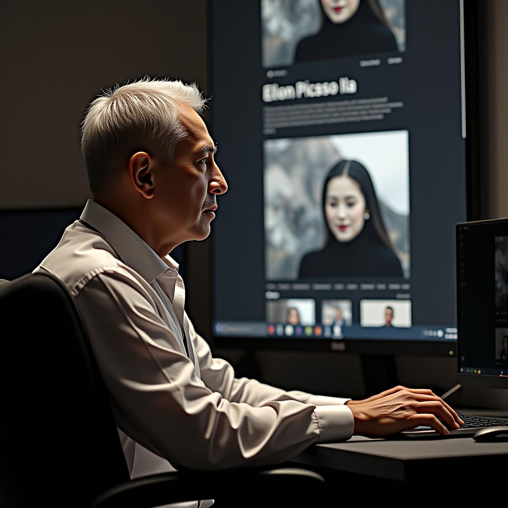  elon musk sitting in front of a computer monitor. the screen shows picasso ia website