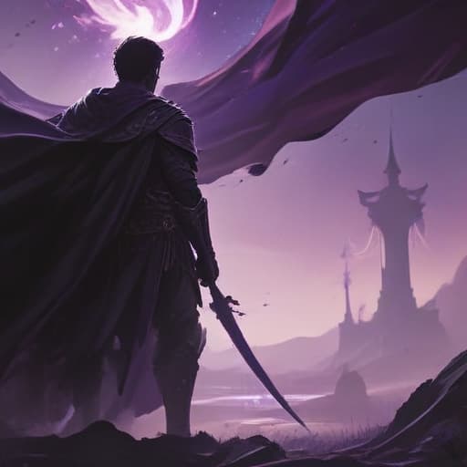 In the midst of a dark and ominous battlefield, a lone hero stands tall with determination in their eyes. The sky is painted with swirling shades of purple and black, crackling with energy. The hero's cape billows behind them, revealing the emblem of a legendary "Elemental HERO" on their chest. With a fierce expression, they reach out a hand towards the ground where a fallen comrade lies. The fallen hero begins to glow with a radiant light as they are surrounded by swirling shadows, rising once more to continue the fight. The scene is both melancholic and hopeful, capturing the essence of a Heroic Return. fantastical creatures or characters inspired by mythology, folklore, or popular culture. use vibrant colors, sharp lines, intricate detai