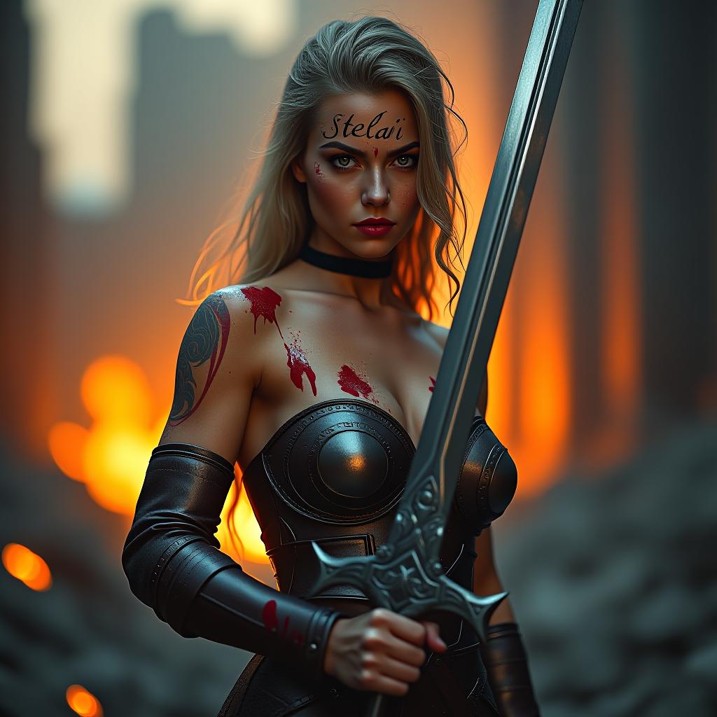  a beautiful valkyrie, her body splattered with the blood of her vanquished foes. her intense gaze is framed by a large tattoo reading "stelai" on her forehead. she grips a gleaming sword tightly in one hand, while fiery flames engulf the ruins behind her, casting an intense glow that illuminates her fierce presence. hyperrealistic, full body, detailed clothing, highly detailed, cinematic lighting, stunningly beautiful, intricate, sharp focus, f/1. 8, 85mm, (centered image composition), (professionally color graded), ((bright soft diffused light)), volumetric fog, trending on instagram, trending on tumblr, HDR 4K, 8K