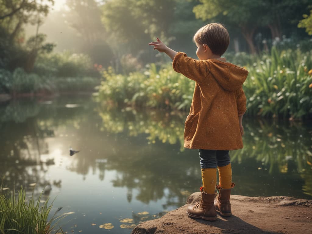 ultra realistic ((ultra realistic ((A child pointing towards a pond where ducks are swimming.)))) hyperrealistic, full body, detailed clothing, highly detailed, cinematic lighting, stunningly beautiful, intricate, sharp focus, f/1. 8, 85mm, (centered image composition), (professionally color graded), ((bright soft diffused light)), volumetric fog, trending on instagram, trending on tumblr, HDR 4K, 8K