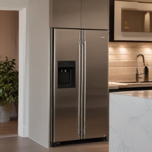 A photo of a modern stainless steel refrigerator being installed in a sleek and stylish urban kitchen during the soft glow of early evening with warm ambient lighting casting elegant shadows across the room.