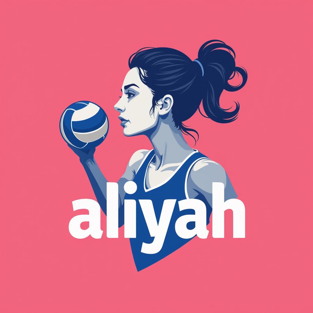  design a logo, logotipo minimalista en el tema de jugadora de volley ball atacando la red con el texto ‘aliyah’ colores blanco, rosa claro y azul marino . silueta de mujer adolescente con cabello ondulado