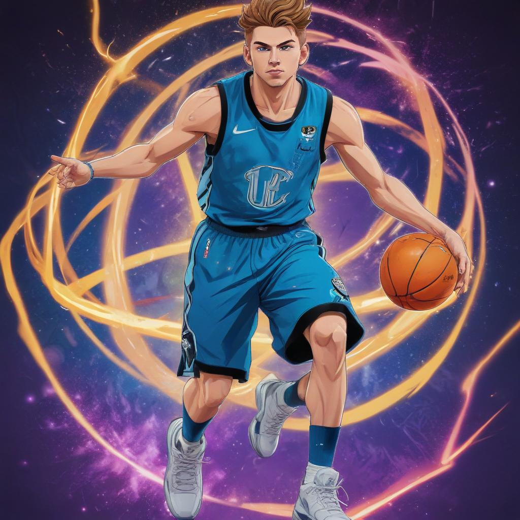 distance-shot, flashy, full-body, dynamic, holographic, animated cartoon poster of luka doncic in the style of dragon ball super