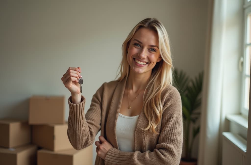  professional detailed photography, happy woman holding keys to apartment, standing in empty apartment, smiling, paper boxes nearby ar 3:2, (muted colors, dim colors, soothing tones), (vsco:0.3)