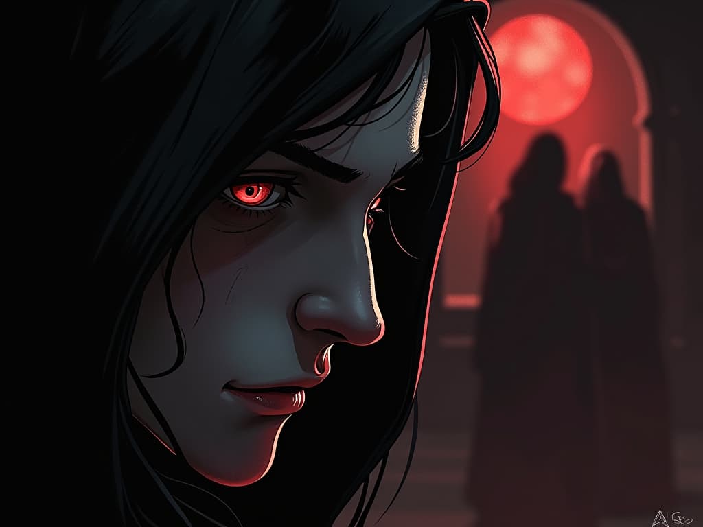  close up of a face reflecting realization, distant look in the eyes, background showing previous wrongdoings in shadows, mood of decisive clarity.. the style is dark fantasy and mysterious occult, symbolic, moody lighting, esoteric vibe,high detail on character design. for the color scheme emphasize blacks and reds.