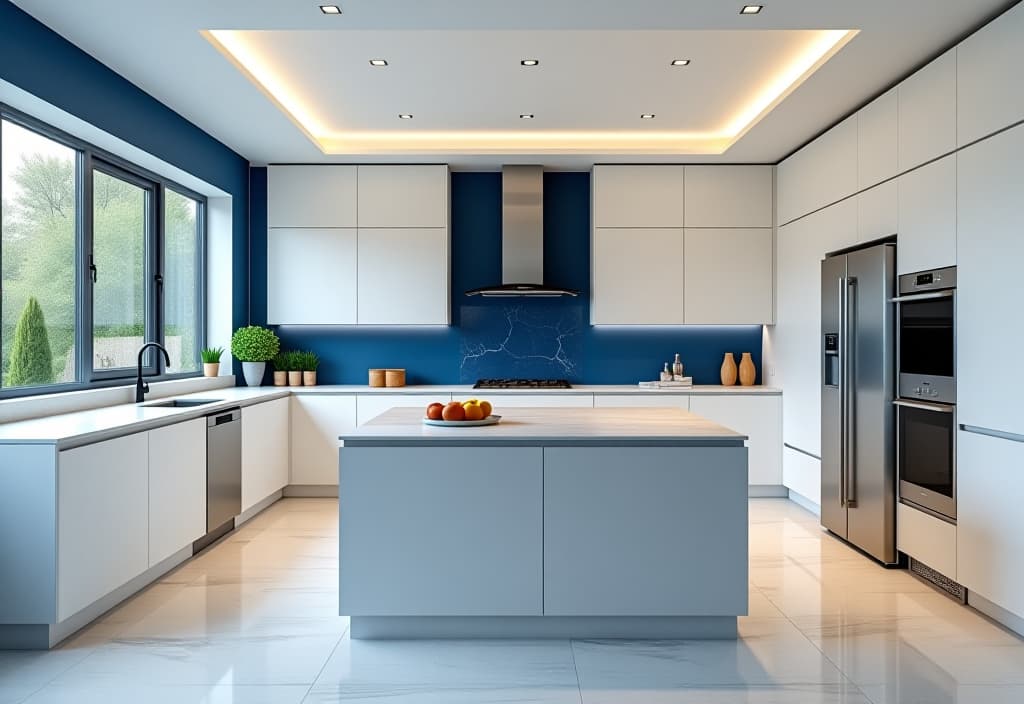  a landscape photo of a stunning modern kitchen with sleek white cabinets and a bold navy blue accent wall, featuring stainless steel appliances and a large island with marble countertop, shot from a wide angle hyperrealistic, full body, detailed clothing, highly detailed, cinematic lighting, stunningly beautiful, intricate, sharp focus, f/1. 8, 85mm, (centered image composition), (professionally color graded), ((bright soft diffused light)), volumetric fog, trending on instagram, trending on tumblr, HDR 4K, 8K