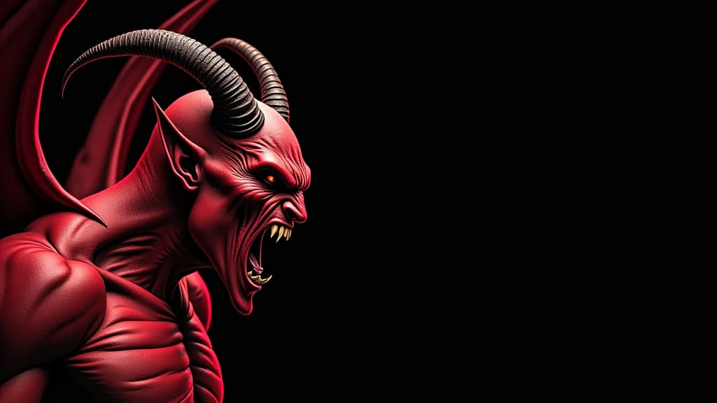  angry devil profile with copy space for text black background yelling, shouting, screaming god of evil hell concept art leviathan, astaroth, mammon, baal