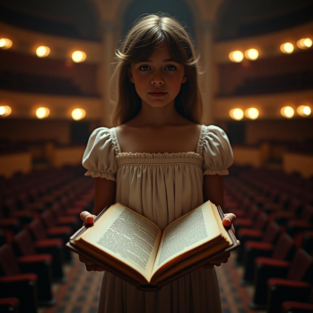  a girl in a vintage dress stands full length on the theater balcony, her face blurred, holding an ancient book with unfamiliar writings in her hands.