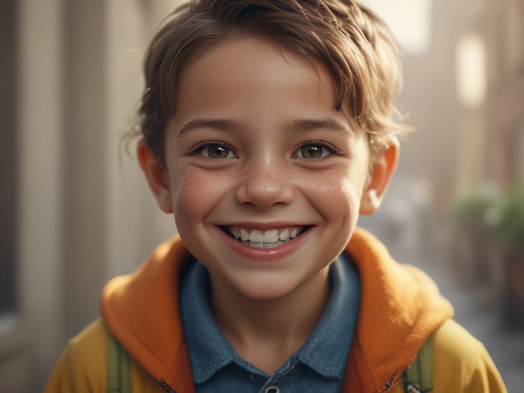 ultra realistic ((ultra realistic ((a child smiling after doing a good deed)))) hyperrealistic, full body, detailed clothing, highly detailed, cinematic lighting, stunningly beautiful, intricate, sharp focus, f/1. 8, 85mm, (centered image composition), (professionally color graded), ((bright soft diffused light)), volumetric fog, trending on instagram, trending on tumblr, HDR 4K, 8K