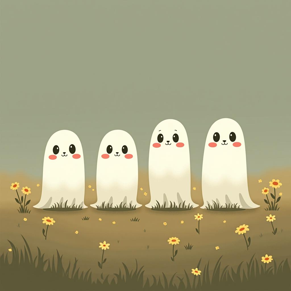  create a digital illustration featuring a row of four or five cute, cartoonish ghost characters, each with a different appearance, standing in different positions within sparse, life like wildflowers.