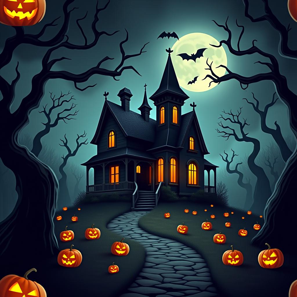  create a seamless digital painting of a spooky, halloween themed scene featuring a haunted house with gothic architecture. the house should be surrounded by twisted, gnarled trees and a multitude of jack o' lanterns. the scene should include a dark, cloudy sky to enhance the eerie atmosphere. the overall style should be detailed and atmospheric, capturing the essence of a haunted, creepy environment perfect for halloween, ensuring the design is seamless for use in repeating patterns or wraps.