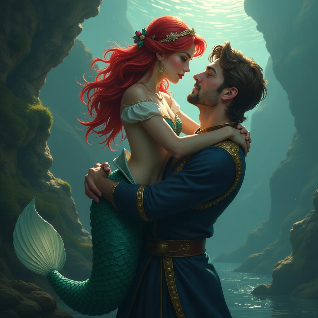  a mermaid with red hair and a fish tail in the arms of a prince