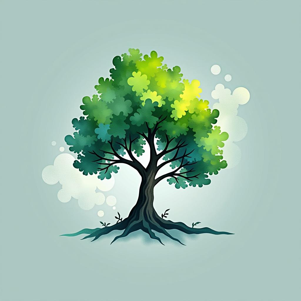  design a logo, style aquarelle, logo d'un arbre, vert et bleu