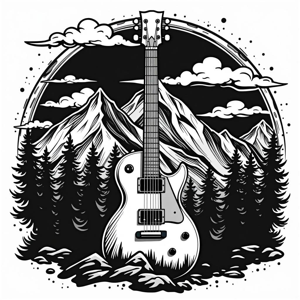  , music, guitar, mountain , (logo:1.15), black and white, hq, hightly detailed, 4k