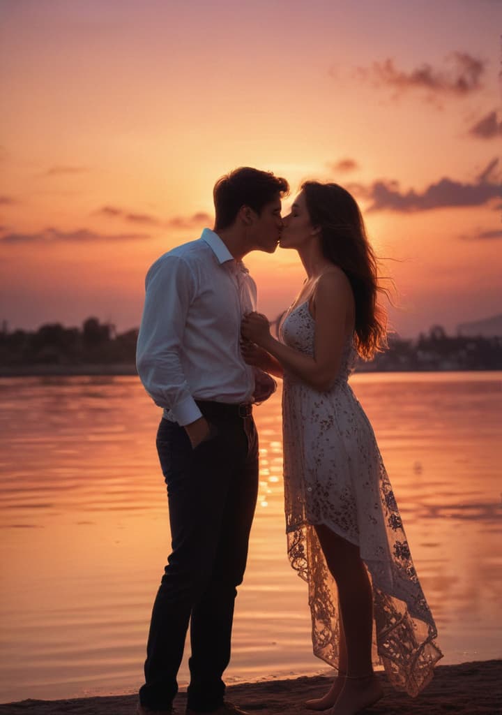 Design a romantic wallpaper with a couple sharing a kiss at sunset. highly detailed,studio lighting,professional,vivid colors, cinematic lighting, HDR, UHD, 4K, 8k, 64K