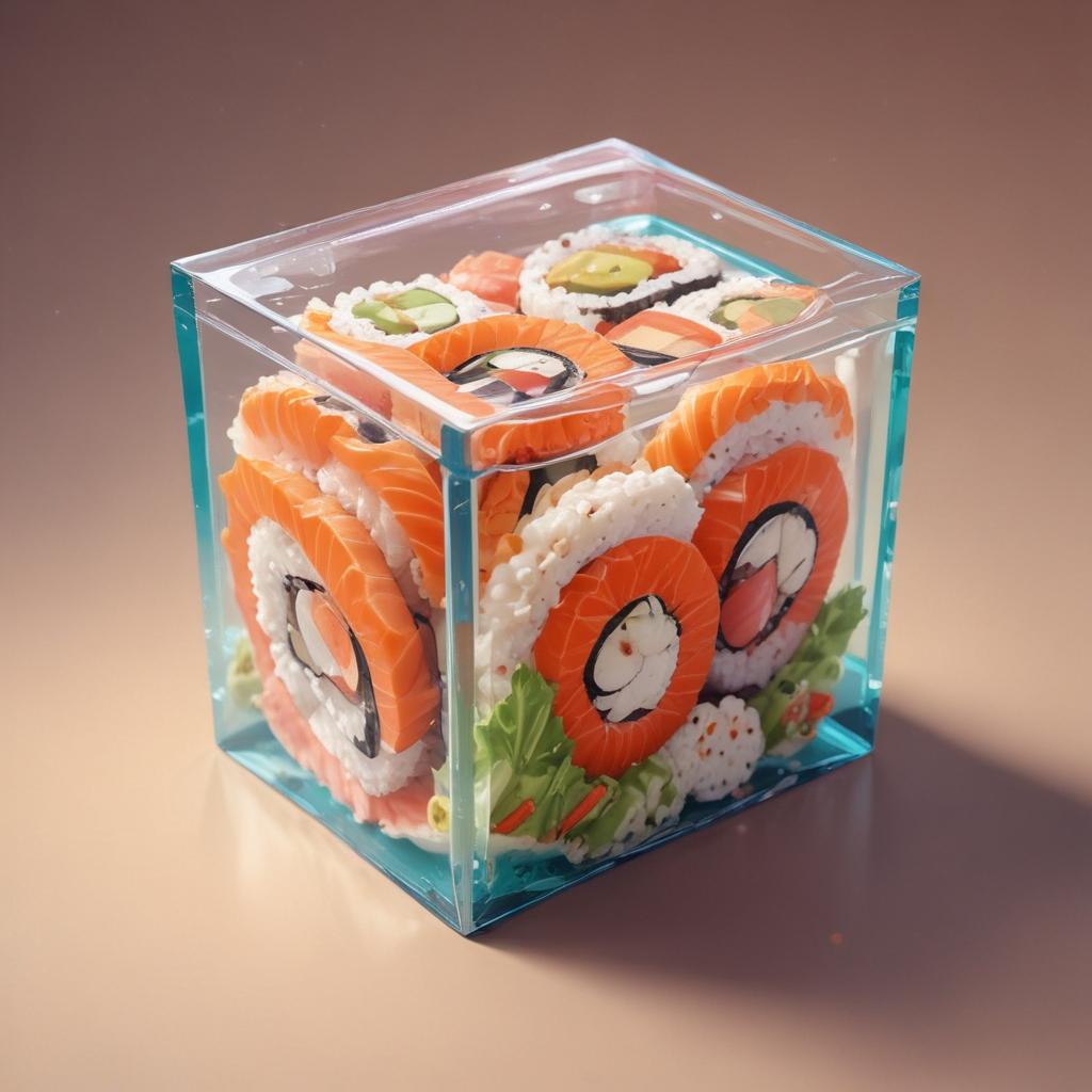 distance-shot, flashy, full-body, dynamic, holographic, animated cartoon poster of a take-out box of sushi in the style of dragon ball super