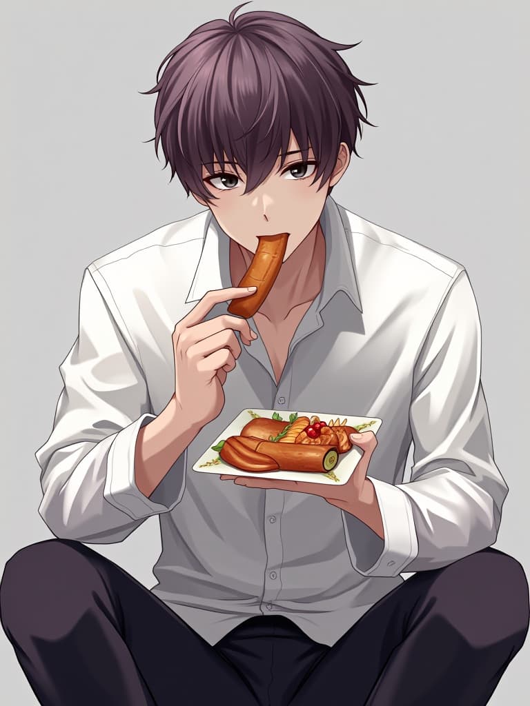  masterpiece,((eating gs🍇:1.2)) solo,short hair,brown hair,simple background,shirt,one man,long sleeves,original,((holding gs🍇:2.0)),sitting,purple hair,full body,white shirt,male focus,food,black eyes,gray background,eating,holding food,gs,(upper body only:1.2),high quality,8k,super analysis