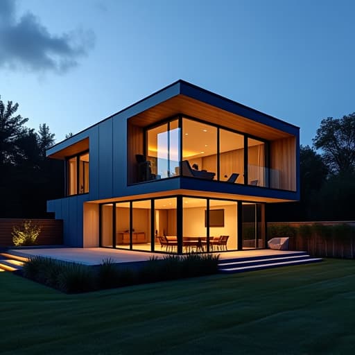  a contemporary house with sleek glass walls and metal accents, minimalistic design, flat roof, large windows, and clean lines, surrounded by a manicured modern landscape at dusk with ambient lighting highlighting the structure