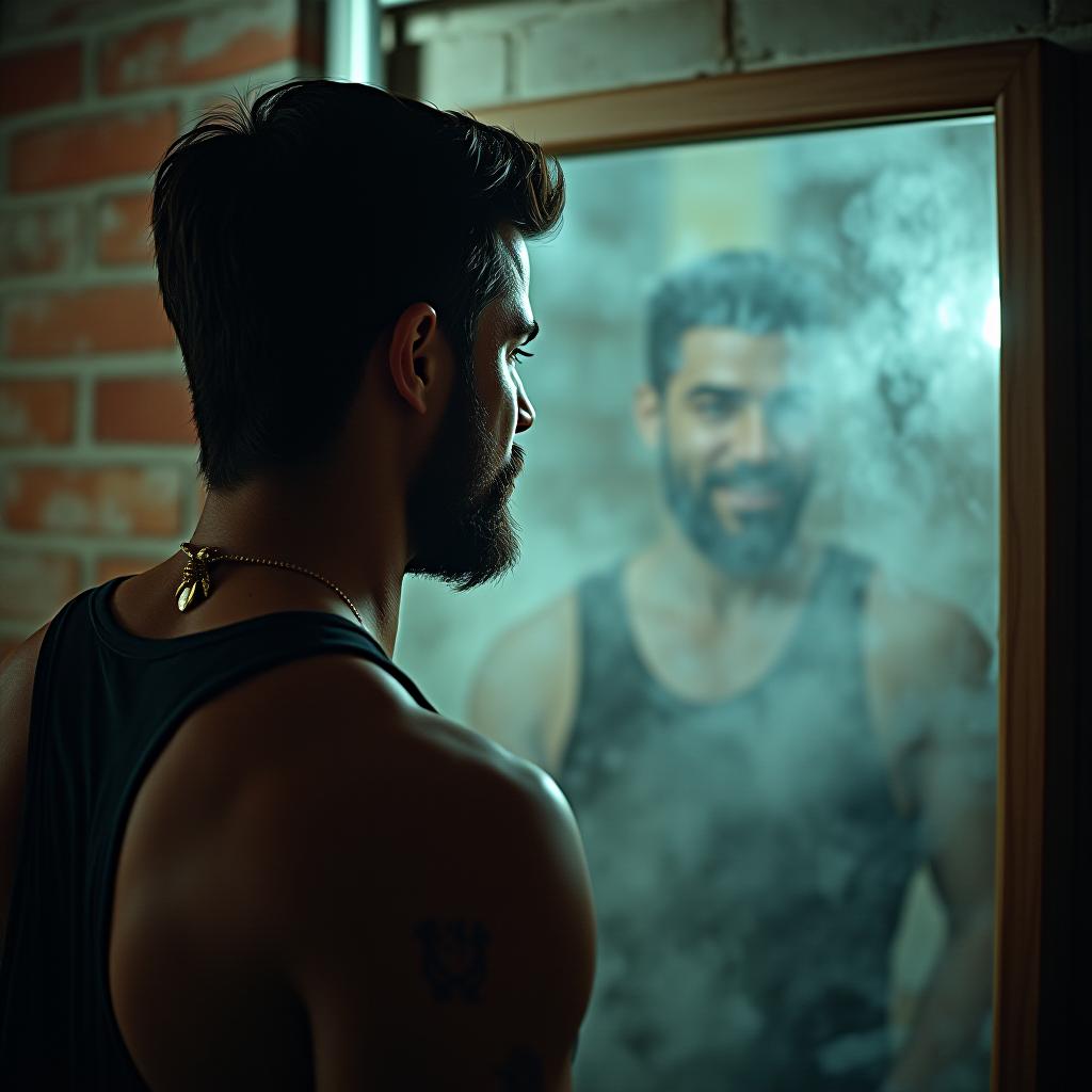  create a high quality, photorealistic image that vividly depicts the following scene: a dynamic, high contrast image displaying a determined ordinary man, eyes filled with conviction, mirroring the trial of life. he's positioned in front of a foggy mirror in a dimly lit room, repeating affirmations as a halo of soft light highlights his rugged face and sturdy physique. background elements symbolize life hacks: a beehive pendant hangs from his neck, an email undo symbol tattooed on his forearm, and a forgotten projector radiates incomplete emails on a brick wall. his expression, a slight but meaningful smile, is the central focus, wielding the power to defuse tension. shot with a canon eos r3, 1/50s, f/1.4, iso 100, and presented in une hyperrealistic, full body, detailed clothing, highly detailed, cinematic lighting, stunningly beautiful, intricate, sharp focus, f/1. 8, 85mm, (centered image composition), (professionally color graded), ((bright soft diffused light)), volumetric fog, trending on instagram, trending on tumblr, HDR 4K, 8K