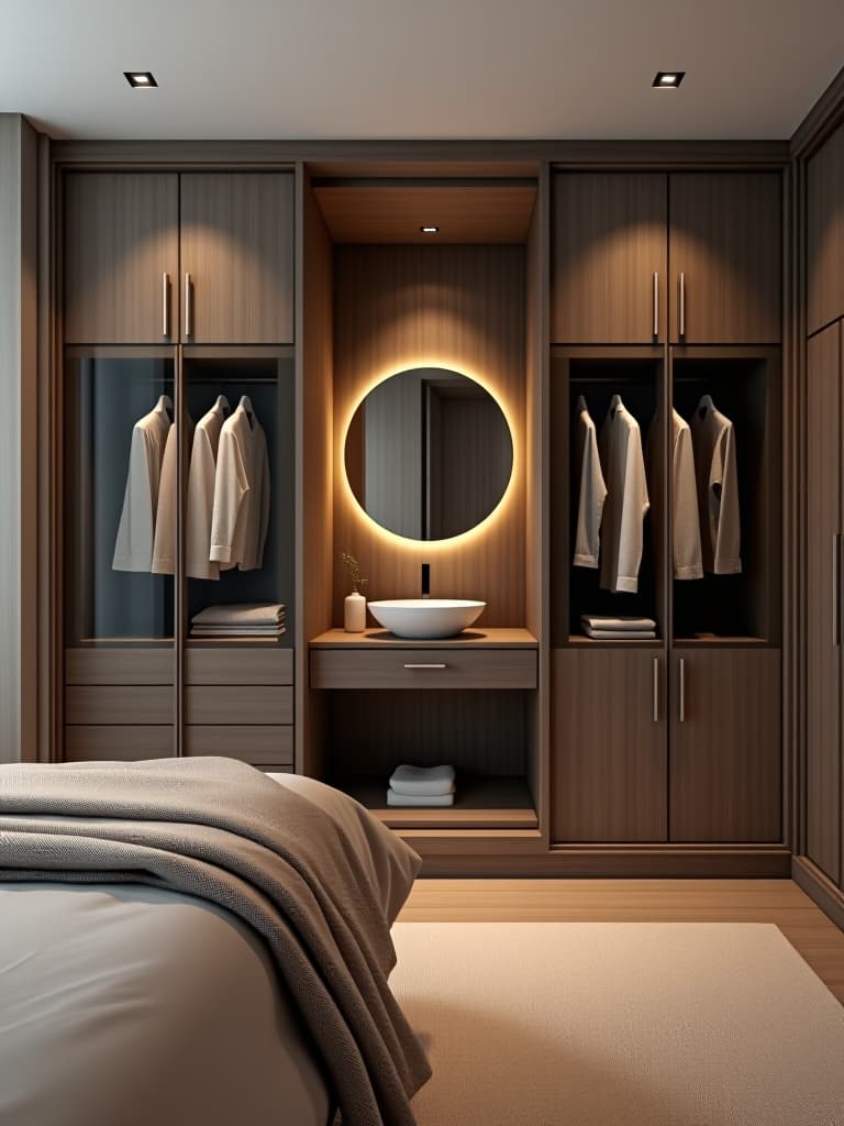  high quality portrait photo of a modern bedroom storage solution showcasing built in wardrobes with sleek, handle less doors and a hidden vanity area hyperrealistic, full body, detailed clothing, highly detailed, cinematic lighting, stunningly beautiful, intricate, sharp focus, f/1. 8, 85mm, (centered image composition), (professionally color graded), ((bright soft diffused light)), volumetric fog, trending on instagram, trending on tumblr, HDR 4K, 8K