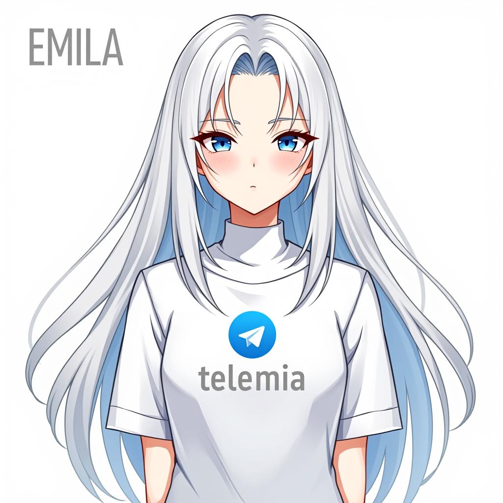  create an image of a character inspired by emilia from re:zero, featuring long white hair and an elegant appearance. the character should be wearing a shirt with the telegram logo, embodying peace and serenity. the design should be simple with a minimalistic background, and include the name 'emilia' in a stylish font