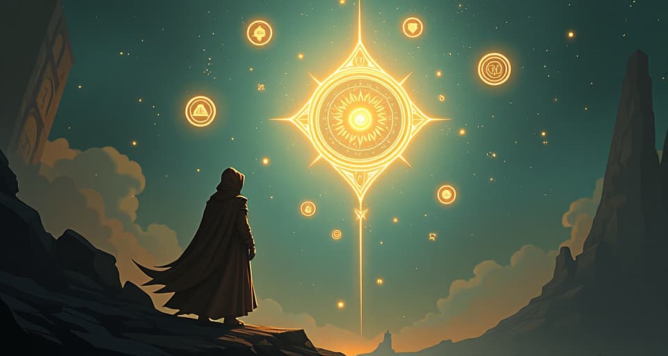  ancient, glowing symbols floating in mid air, a hooded figure gazing in awe, ethereal light radiating an aura of ancient, incomprehensible power.. the style is digital art illustration,highly detailed, whimsical,magical, dreamlike atmosphere, realism and fantasy blend, smooth, glossy textures,luminous quality, wonder and enchantment.