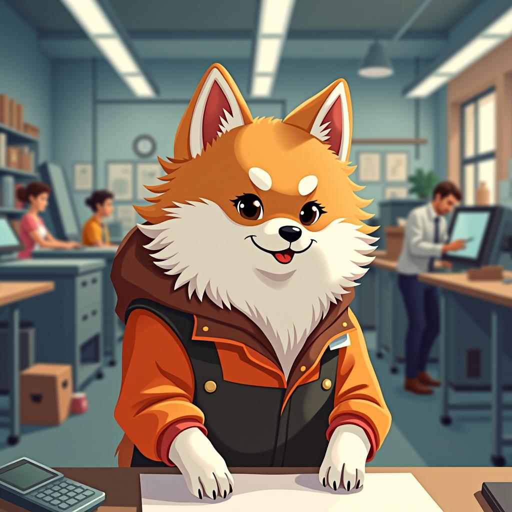  generate an image: a charming spitz dog wearing work attire, working in a printing house. in the background, printing equipment and other workers are visible. the picture should be bright and colorful, drawing attention. the spitz should look beautiful yet responsible.