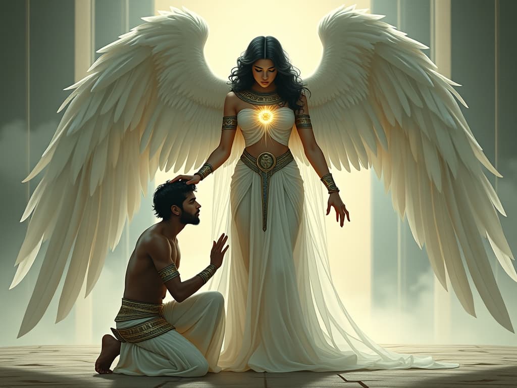  a large busted angelic figure in a flowing, sheer white gown, surrounded by a soft celestial glow, placing a hand on the heart of a kneeling figure, symbolizing deep connection and understanding.. the style is digital art illustration / modern comic book / mysterious occult, symbolic, esoteric vibe,high detail on character design, incorporating ancient egyptian symbology and attire.